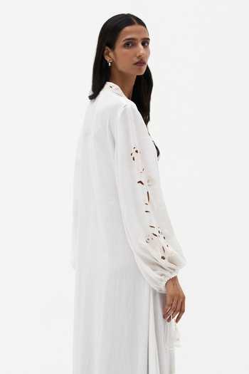 Shop_Payal Jain_Off White Cotton, Linen V-neck Galina Cutwork Dress _Online_at_Aza_Fashions