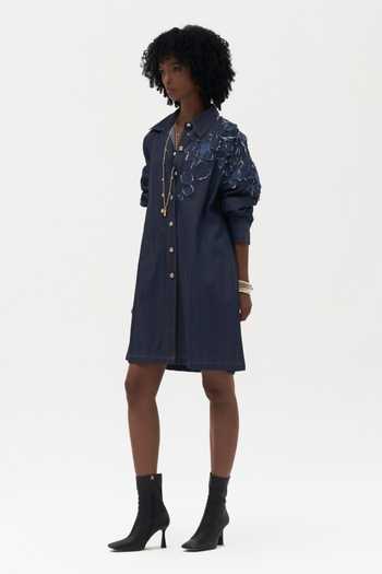 Payal Jain_Blue Denim Collared , Button-down Dao Embroidered Indigo Dress _Online_at_Aza_Fashions