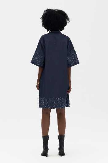 Shop_Payal Jain_Blue Denim Mandarin Collar Hannele Embroidered Dress _at_Aza_Fashions