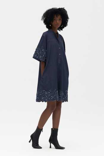 Payal Jain_Blue Denim Mandarin Collar Hannele Embroidered Dress _Online_at_Aza_Fashions