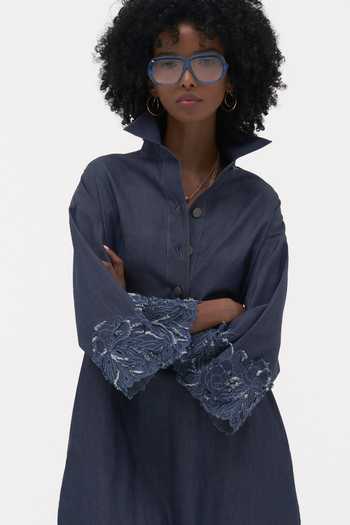 Payal Jain_Blue Denim Mandarin Collar Karolin Embroidered Shirt Dress _Online_at_Aza_Fashions