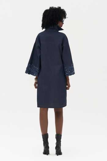 Shop_Payal Jain_Blue Denim Mandarin Collar Karolin Embroidered Shirt Dress _at_Aza_Fashions