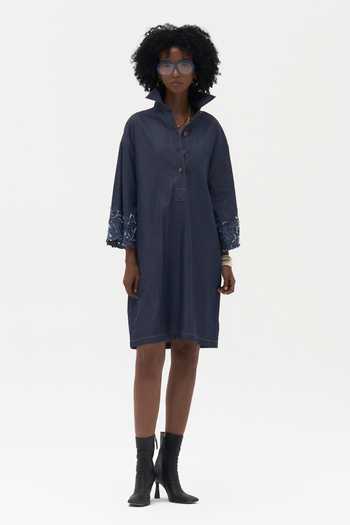 Buy_Payal Jain_Blue Denim Mandarin Collar Karolin Embroidered Shirt Dress _at_Aza_Fashions