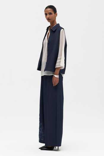 Payal Jain_Blue Denim Collared Neck Verity Embroidered Vest _Online_at_Aza_Fashions