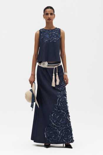 Buy_Payal Jain_Blue Denim Simone Embroidered A-line Skirt _at_Aza_Fashions