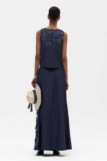 Shop_Payal Jain_Blue Denim Round Neck Jia Applique Top _at_Aza_Fashions