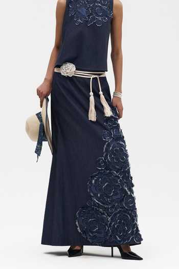 Payal Jain_Blue Denim Round Neck Jia Applique Top _Online_at_Aza_Fashions