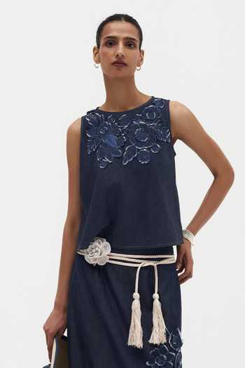 Shop_Payal Jain_Blue Denim Round Neck Jia Applique Top _Online_at_Aza_Fashions