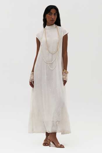 Buy_Payal Jain_Off White Cotton High Neck Ashley Embroidered Dress _at_Aza_Fashions