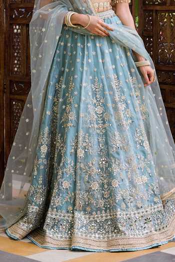 Cedar & Pine_Blue Silk, Organza, Georgette, Tulle V-neck Ursula Embroidered Lehenga Set _Online_at_Aza_Fashions