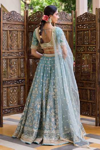 Shop_Cedar & Pine_Blue Silk, Organza, Georgette, Tulle V-neck Ursula Embroidered Lehenga Set _at_Aza_Fashions