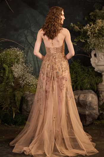 Shop_Cedar & Pine_Beige Organza, Crepe Embroidery, Sequins, Stones, Mirrors Halter Neck Eve Gown _at_Aza_Fashions