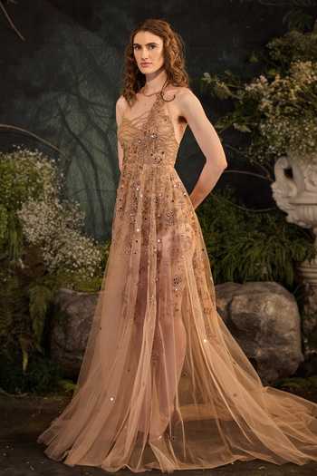 Cedar & Pine_Beige Organza, Crepe Embroidery, Sequins, Stones, Mirrors Halter Neck Eve Gown _Online_at_Aza_Fashions