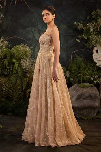 Cedar & Pine_Beige Silk, Organza Embroidery Sweetheart Neck Gabriel Tonal Gown _Online_at_Aza_Fashions