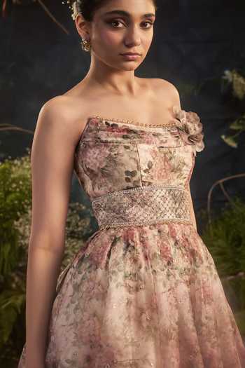 Buy_Cedar & Pine_Ivory Organza Embroidery, Sequins, Beads Bandeau Neck Gardens Tonal Gown _Online_at_Aza_Fashions