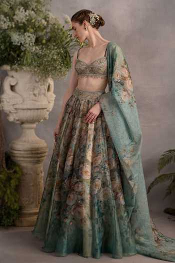 Cedar & Pine_Green Organza Sweetheart Neck Whiterose Floral Print Lehenga Set _Online_at_Aza_Fashions