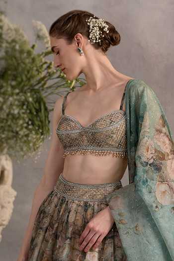 Buy_Cedar & Pine_Green Organza Sweetheart Neck Whiterose Floral Print Lehenga Set _Online_at_Aza_Fashions