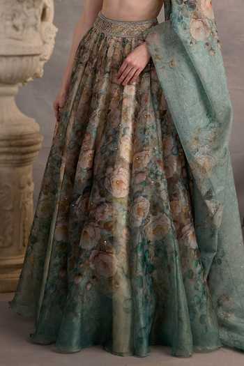Shop_Cedar & Pine_Green Organza Sweetheart Neck Whiterose Floral Print Lehenga Set _Online_at_Aza_Fashions