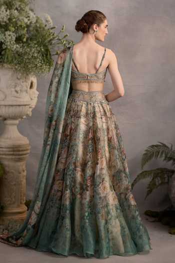 Shop_Cedar & Pine_Green Organza Sweetheart Neck Whiterose Floral Print Lehenga Set _at_Aza_Fashions