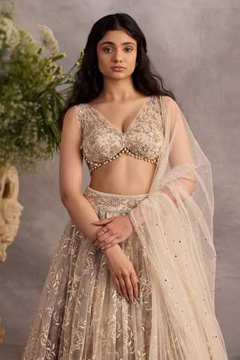 Cedar & Pine_Ivory Organza, Tulle V-neck Sephora Embroidered Lehenga Set _Online_at_Aza_Fashions