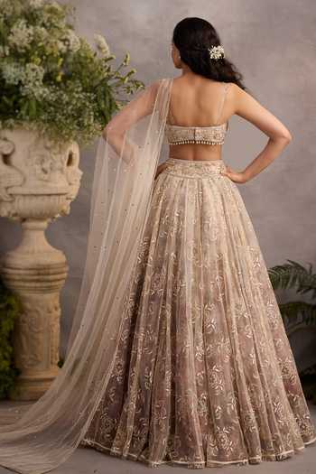 Shop_Cedar & Pine_Ivory Organza, Tulle V-neck Sephora Embroidered Lehenga Set _at_Aza_Fashions