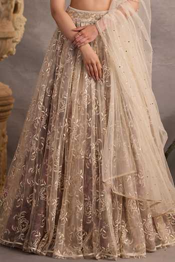 Buy_Cedar & Pine_Ivory Organza, Tulle V-neck Sephora Embroidered Lehenga Set 