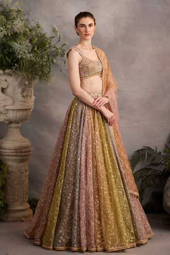 Cedar & Pine_Multi Color Organza, Tulle Square Neck Easter Block Lehenga Set _Online_at_Aza_Fashions