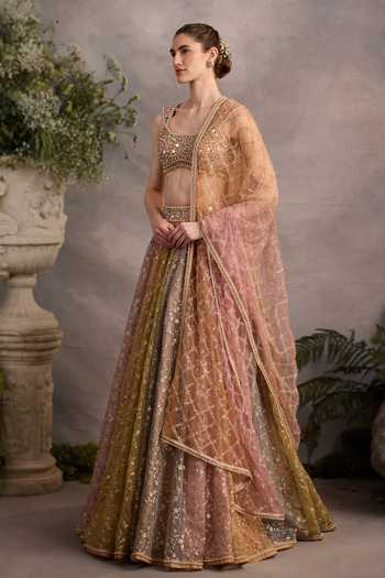 Buy_Cedar & Pine_Multi Color Organza, Tulle Square Neck Easter Block Lehenga Set _Online_at_Aza_Fashions