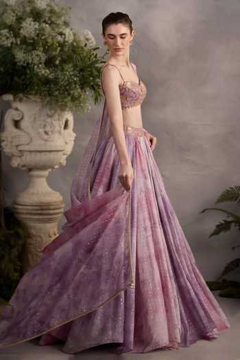 Cedar & Pine_Mauve Organza, Tulle Sweetheart Neck Foil Print Lehenga Set _Online_at_Aza_Fashions