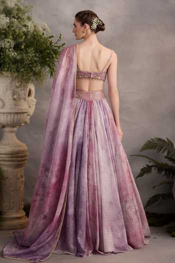 Shop_Cedar & Pine_Mauve Organza, Tulle Sweetheart Neck Foil Print Lehenga Set _at_Aza_Fashions