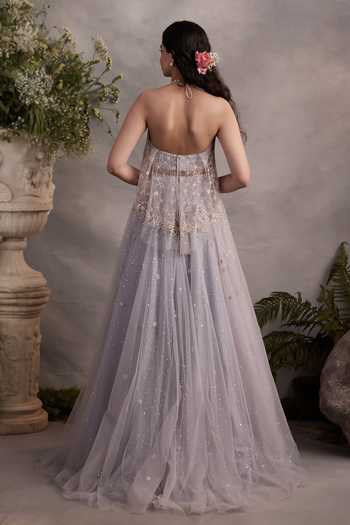 Shop_Cedar & Pine_Blue Tulle, Dupion Halter Neck Grace Embroidered Lehenga Set _at_Aza_Fashions