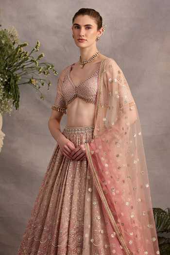 Cedar & Pine_Pink Silk, Organza, Tulle V-neck Blossom Embroidered Lehenga Set _Online_at_Aza_Fashions