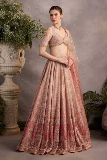 Shop_Cedar & Pine_Pink Silk, Organza, Tulle V-neck Blossom Embroidered Lehenga Set _Online_at_Aza_Fashions