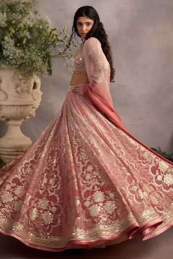 Cedar & Pine_Pink Organza, Tulle Sweetheart Neck Genesis Embroidered Lehenga Set _Online_at_Aza_Fashions