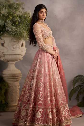 Buy_Cedar & Pine_Pink Organza, Tulle Sweetheart Neck Genesis Embroidered Lehenga Set _Online_at_Aza_Fashions