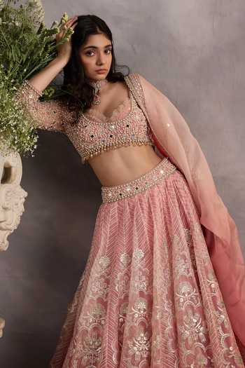 Shop_Cedar & Pine_Pink Organza, Tulle Sweetheart Neck Genesis Embroidered Lehenga Set _Online_at_Aza_Fashions