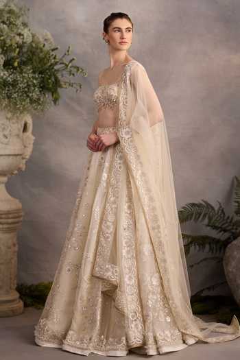 Buy_Cedar & Pine_Ivory Organza, Tulle Square Neck Chapel Embroidered Lehenga Set _Online_at_Aza_Fashions