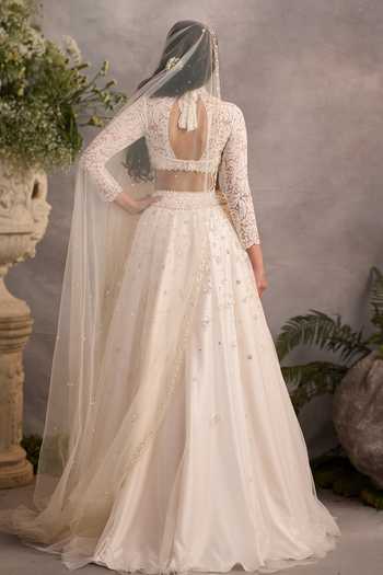 Shop_Cedar & Pine_White Tulle, Lace High Neck Christie Embroidered Bridal Lehenga Set _at_Aza_Fashions
