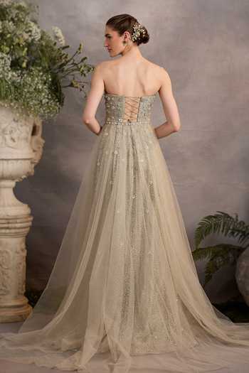 Shop_Cedar & Pine_Green Organza, Tulle Embroidery, Pearls, Stones, Crystals Anne Tonal Gown _at_Aza_Fashions