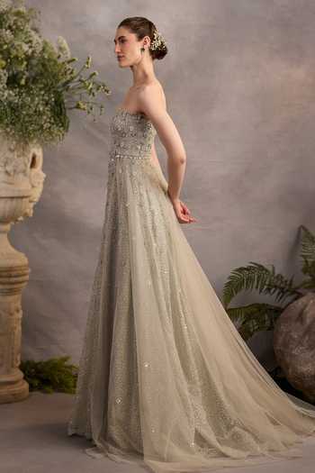Buy_Cedar & Pine_Green Organza, Tulle Embroidery, Pearls, Stones, Crystals Anne Tonal Gown _Online_at_Aza_Fashions