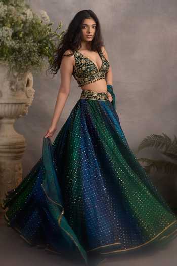 Buy_Cedar & Pine_Blue Organza, Tulle V-neck Sapphire Shaded Lehenga Set _Online_at_Aza_Fashions