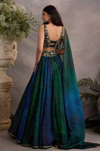 Shop_Cedar & Pine_Blue Organza, Tulle V-neck Sapphire Shaded Lehenga Set _at_Aza_Fashions