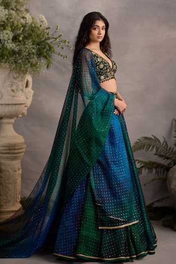 Cedar & Pine_Blue Organza, Tulle V-neck Sapphire Shaded Lehenga Set _at_Aza_Fashions