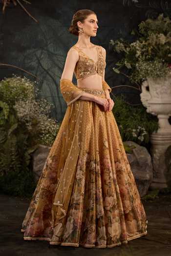 Cedar & Pine_Yellow Tulle, Tissue V-neck Magnolia Floral Pattern Lehenga Set _Online_at_Aza_Fashions