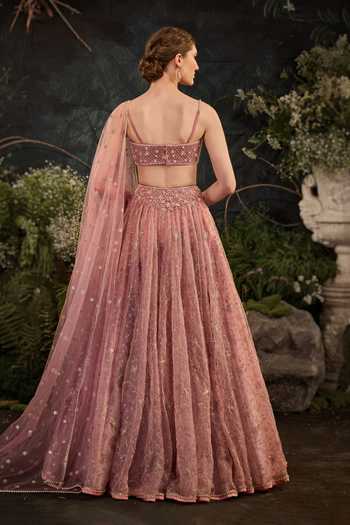 Shop_Cedar & Pine_Pink Organza, Tulle Square Neck Noah Embroidered Lehenga Set _at_Aza_Fashions