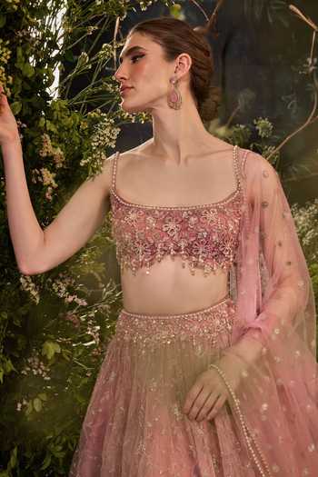 Cedar & Pine_Pink Organza, Tulle Square Neck Noah Embroidered Lehenga Set _at_Aza_Fashions