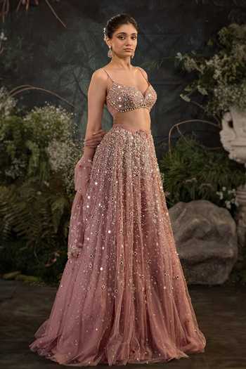 Cedar & Pine_Pink Tulle Sweetheart Neck Zion Embroidered Skirt Set _Online_at_Aza_Fashions