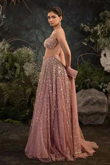Cedar & Pine_Pink Tulle Sweetheart Neck Zion Embroidered Skirt Set _at_Aza_Fashions