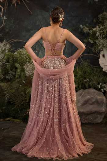 Shop_Cedar & Pine_Pink Tulle Sweetheart Neck Zion Embroidered Skirt Set _at_Aza_Fashions