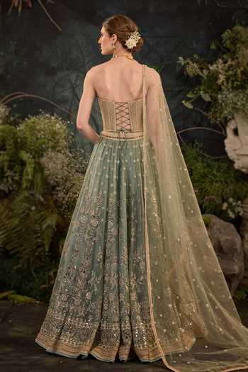 Shop_Cedar & Pine_Blue Organza, Tulle Embroidery, Sequins, Mirrors Bandeau Ursula Lehenga Set _at_Aza_Fashions